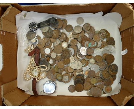 A collection of old coins: Coins including some silver, pearl necklace, vintage watches etc.