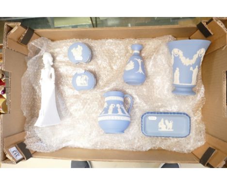 Collection of Wedgwood Jasperware: includes Trinket boxes, vases, jug, etc., together with Spode lady figure Christina. (1 Tr