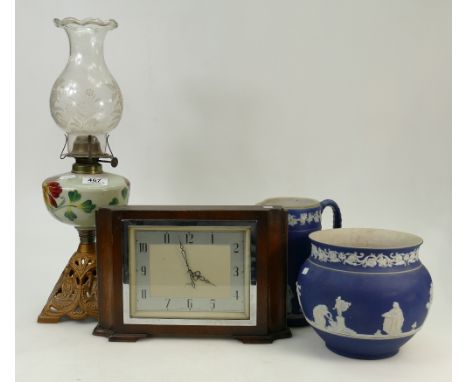 Vintage brass and hand painted glass oil lamp with etched shade: height 47cm and Smiths oak framed mantle clock, together wit