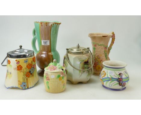 Art Deco vase etc.: Deco vase, storage jars to include Wade Heath, Woods, E Radford etc.