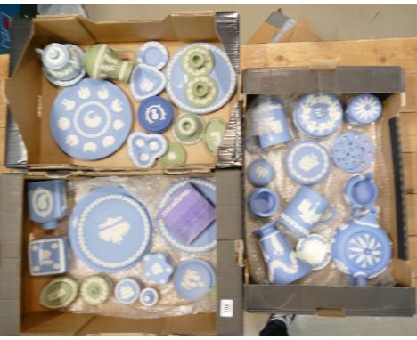 A mixed collection of Wedgwood Jasperware: including vases, sweet boxes, teapot, ashtrays, tankards etc(3 trays)