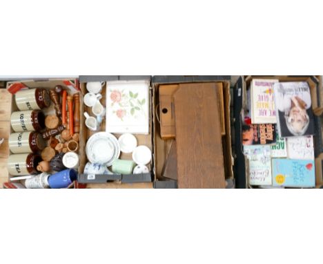 A collection of items including brown glazed storage pots: Plus Wedgwood bunnykins items, wooden book shelf and large quantit