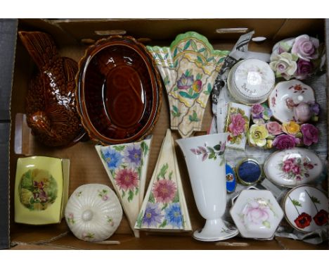 A mixed collection of items to include: E Radford hand decorated wall pockets: similar Crown Ducal item, Novelty egg keep etc