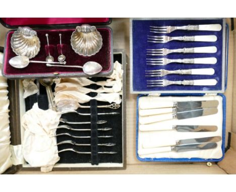 A mixed collection of cased Silver and Silver plate items; including salt cellers, fork and knife sets etc