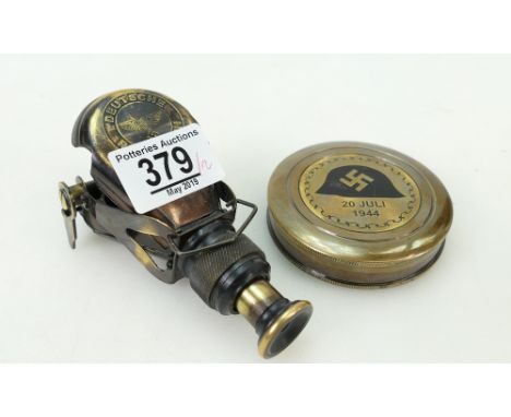 Brass items: Brass Compass &amp; Brass Monocular, both with German Military Insignia. (2)