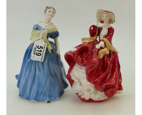 Royal Doulton Lady Figures: Top O' the Hill HN1834 &amp; Adrienne HN2304. (2)