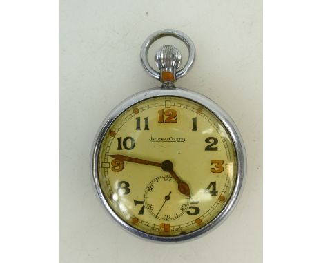 Jaeger Le Coultre stainless steel military pocket watch: Watch late 1930s, marked GSTP FO28775 and with broad arrow to the ba