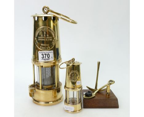 Eccles type 6 M&amp;Q miners lamp: Miners lamp, similar smaller item and brass a mining related ornament. (3) 