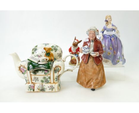Royal Doulton Figures: Nicola HN2839, Teatime HN2255, together with Santa bunnykins DB17 &amp; Portmeirion novelty teapot. (4
