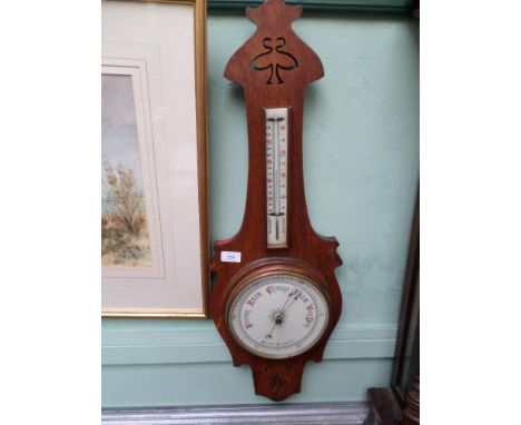 Oak framed banjo aneroid barometer with thermometer dial