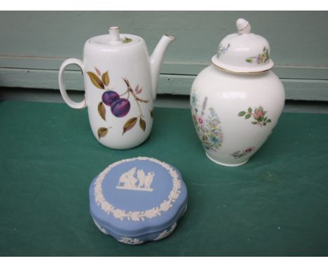 Light blue Wedgwood lidded dressing table trinket box, Royal Worcester Evesham patterned coffee pot and an Aynsley china 'Wil