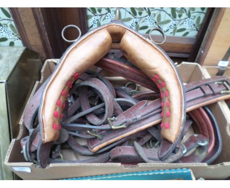 Box of light brown leather pony tack incl. saddle 