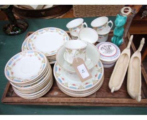 35 pieces of Delphine bone china part tea service decorated garlands of pink roses, pair of cream ground Shorter & Son boat s