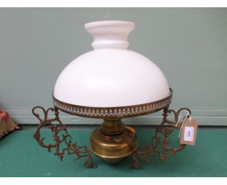 Brass hanging oil lamp with clouded glass shade and brass weight