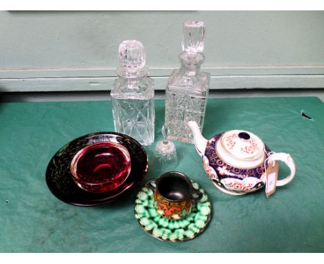 2 cut glass tantalus spirit decanters, Beek Dutch green ground cheese pot, coloured glass decorative cobalt blue and rust gro