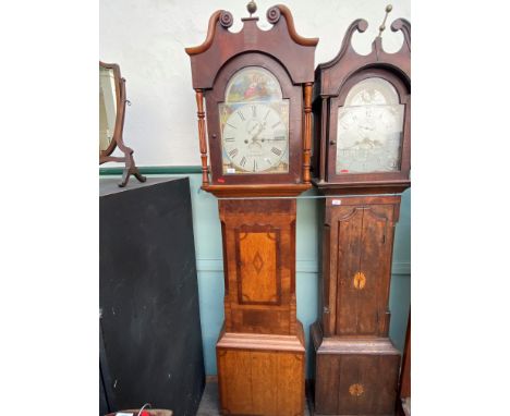 19th Century long cased clock inlaid mixed woods, swan neck pediment and brass finial, hand painted dial, the half moon with 