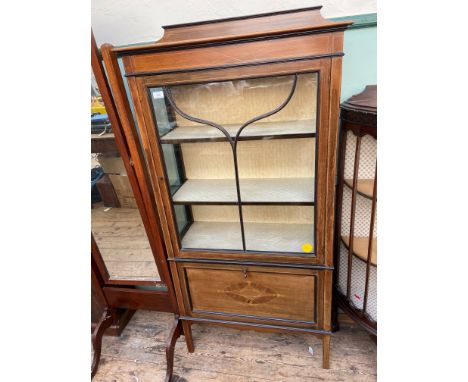 Inlaid mahogany display cupboard, the glazed shaped astragal panel with 2 display shelves behind, the lower portion with fall