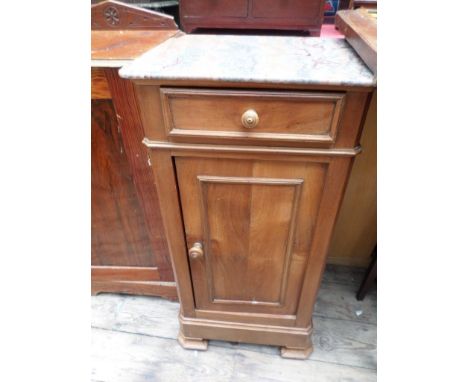 Bedside side cupboard fitted lower shelves inset single shelf with upper drawer and mottled tiled top