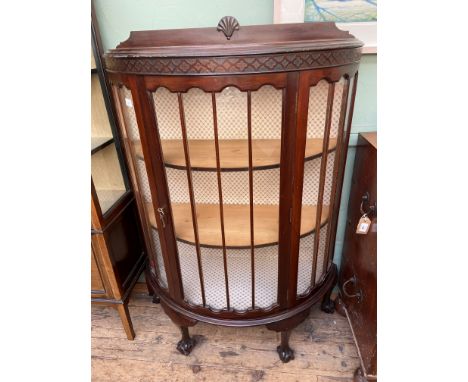 Dark mahogany bow fronted 2 shelf display cabinet on ball and claw feet