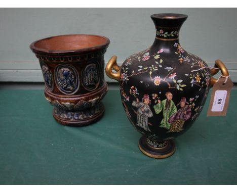 Doulton Lambeth planter depicting classical heads possibly by George Tinworth (8 1/2" high) and a black ground Copeland Spode