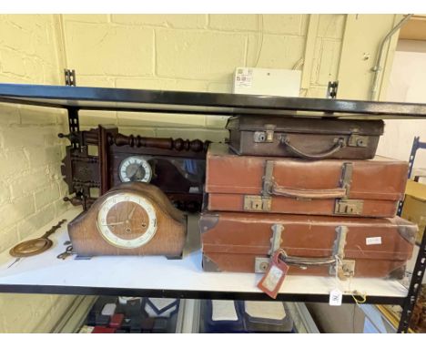 Victorian wall clock, oak mantel clock, three suitcases, prints and mirrors.