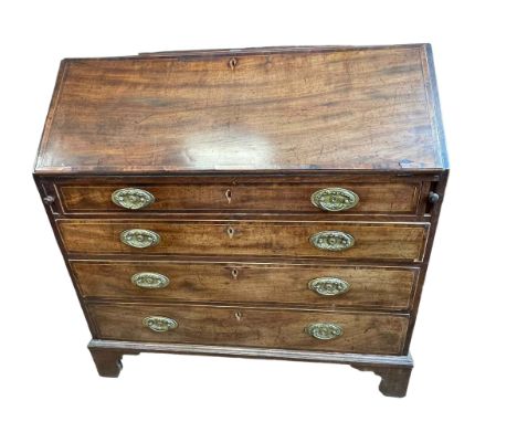 Georgian mahogany and line inlaid four drawer bureau on bracket feet, 110cm by 110.5cm by 59cm.