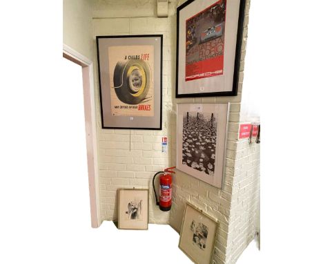 Maurits Cornelis Escher, 3 Worlds, framed print, RSPA framed poster, Porsche racing car poster and pair humorous dog prints (