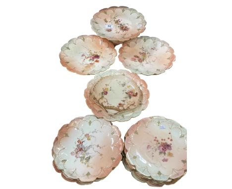 Fifteen piece Royal Worcester late Victorian dessert service with floral design on blush ground and similar dish.