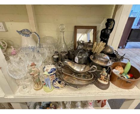 Collection of silver plate, glass decanter and glassware, Dux, Doulton and Hummel figures, etc.