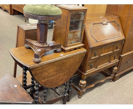 1920's two drawer oak bureau, oak barley twist drop leaf table, turned column standard lamp and shade, pedestal cupboard, tri