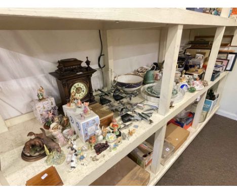 Full shelf of china, glass, prints, model aircraft, carpet bowls, mantel clock, ornaments, etc.