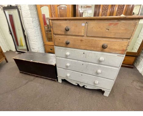 Victorian pine linen chest, 131cm by 111cm by 55cm, and Victorian pine trunk, 48cm by 119cm by 50cm.