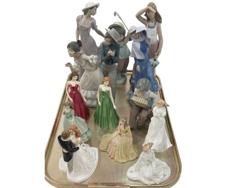 Tray lot with thirteen Nao, Royal Doulton and Coalport figures.