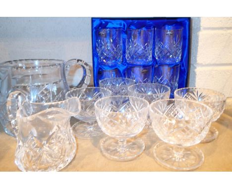 Shelf of mixed glass and lead crystal to include Royal Worcester and six tumbler set. Not available for in-house P&amp;P, con