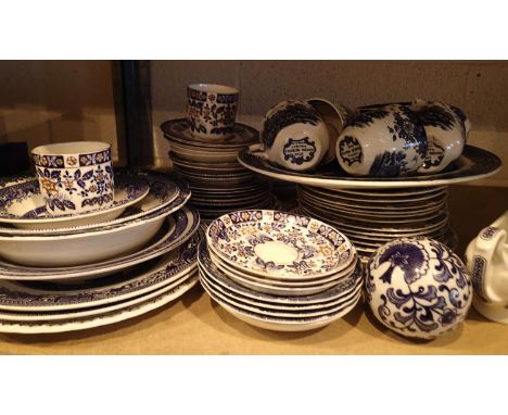 Shelf of mixed mainly blue and white dinner sets to include Royal Worchester. Not available for in-house P&amp;P, contact Pau