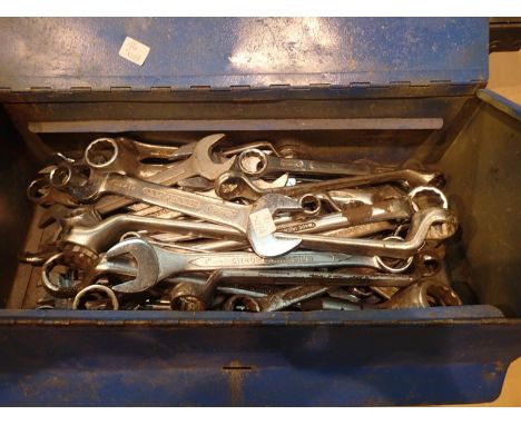 Two blue vintage metal toolboxes with spanners and contents. Not available for in-house P&amp;P, contact Paul O'Hea at Mailbo