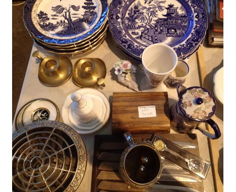 A selection of Willow patterned ceramic plates, an Oriental lidded jug and others. Not available for in-house P&amp;P, contac