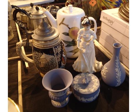 Royal Doulton ceramic figurines; The Young Lady, a ceramic lidded stein, Royal Worcester ceramic teapot and three pieces Wedg