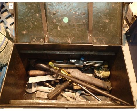 Military type lidded metal box containing mixed tools. Not available for in-house P&amp;P, contact Paul O'Hea at Mailboxes on