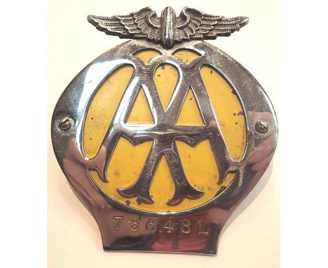 Vintage chrome and enamel AA car badge No.75648L. P&amp;P Group 1 (£14+VAT for the first lot and £1+VAT for subsequent lots) 