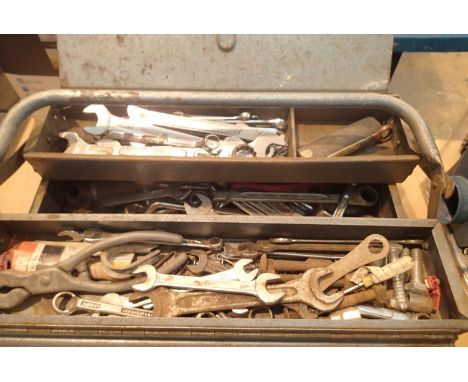 A vintage metal toolbox full of spanners and hand tools. Not available for in-house P&amp;P, contact Paul O'Hea at Mailboxes 