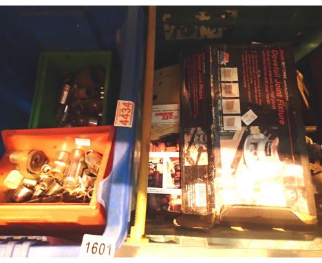 A box of metal hand tools,  clamps a boxed Dovetail joint fixture and a box of cogs etc. Not available for in-house P&amp;P, 