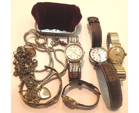 Ronet gents vintage mechanical wristwatch, three further wristwatches and mixed jewellery including a coin ring. P&amp;P Grou