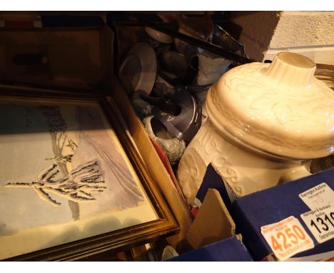 Two boxes of mixed items including pictures and a scabbard. Not available for in-house P&amp;P, contact Paul O'Hea at Mailbox