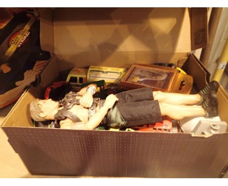 Box of assorted vintage cars, to include play worn batmobile. Not available for in-house P&amp;P, contact Paul O'Hea at Mailb