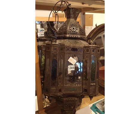 Large Moroccan type pierced brass and glass ceiling light, H: 80 cm. Not available for in-house P&amp;P, contact Paul O'Hea a