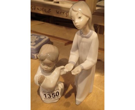 Lladro figure of a young lady, lacking candlestick and young angel boy praying, H: 13cm. Not available for in-house P&P, cont