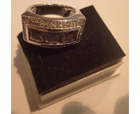 White metal amethyst and white stone set ring, size O. P&amp;P Group 1 (£14+VAT for the first lot and £1+VAT for subsequent l