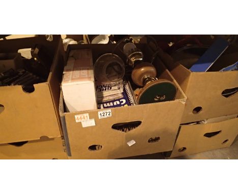 Six boxes of mixed household and kitchen utensils to include pots, power blender, oil lamp etc. Not available for in-house P&