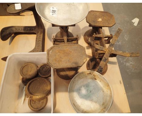 Two metal vintage scales with weights and a cobblers last. Not available for in-house P&amp;P, contact Paul O'Hea at Mailboxe